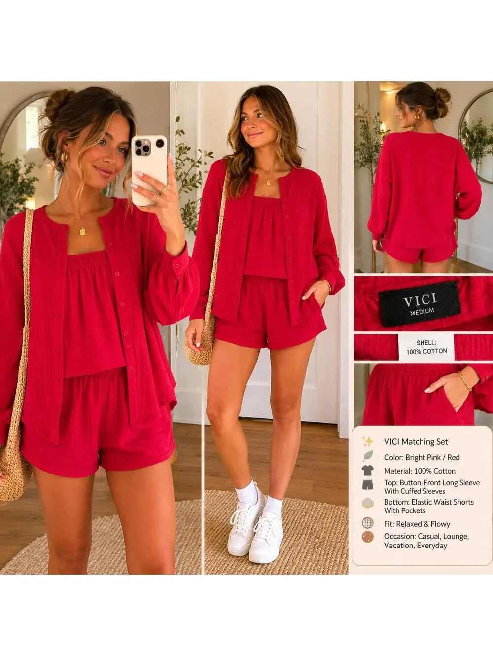 VICI 2 Piece Matching Gauze Cotton Lounge Set Red